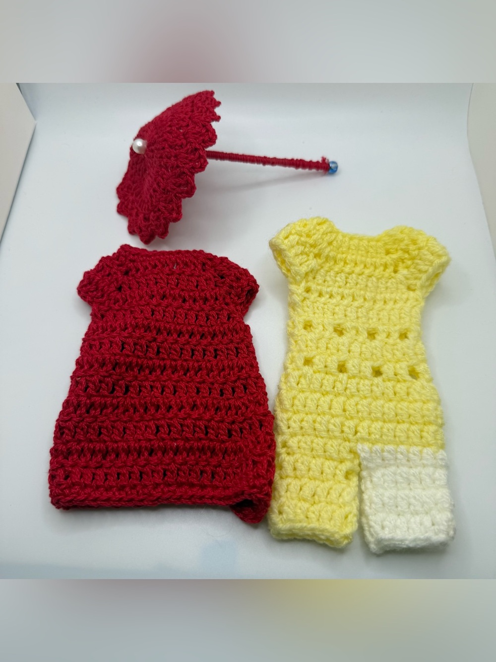 Handmade Crochet Doll Outfit Set - Red Dress & Yellow Romper with Parasol